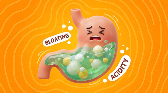 3D Cartoon Human Stomach Illustration with Bubbling Green Acid and Gas Vapor on Vibrant Orange Backdrop Depicting Bloating Indigestion Acidity and Gastrointestinal Health Discomfort Symptom