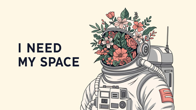 Surrealistic illustration of an astronaut with a bouquet of colorful flowers growing out of the helmet alongside the text I NEED MY SPACE.