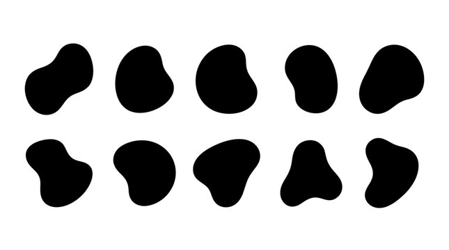 Abstract arrangement of black bean-shaped silhouettes in two rows on a white background
