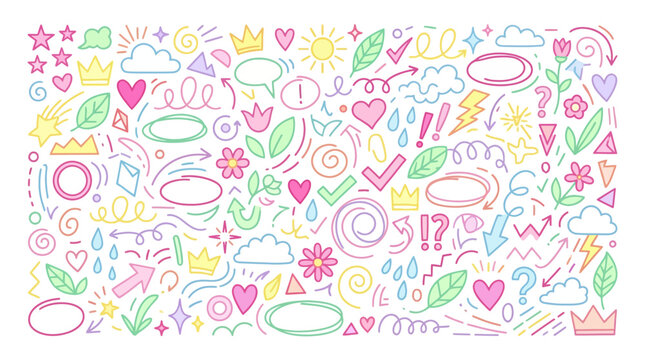 Pastel doodle pattern featuring hearts, crowns, stars, arrows and abstract shapes in pink, mint, and yellow for textiles, stationery, and decor