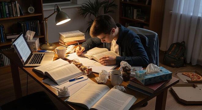 Tired male student studying late at night surrounded by many open books and papers on messy desk lit by table lamp during intense exam preparation period.