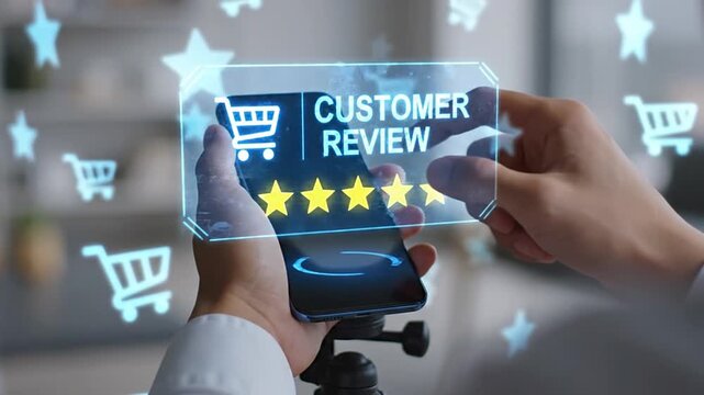 Hands providing a 5-star rating on a holographic customer review interface via smartphone. Concept of online service feedback, product satisfaction, digital rating, and improving business reputation.