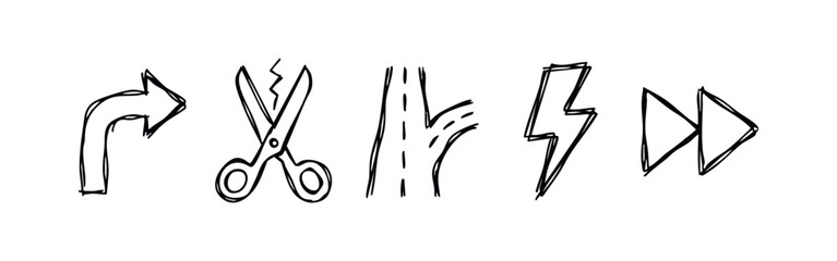 Obraz premium Collection of Hand Drawn Utility and Navigation Doodle Icons Including Lightning and Arrows