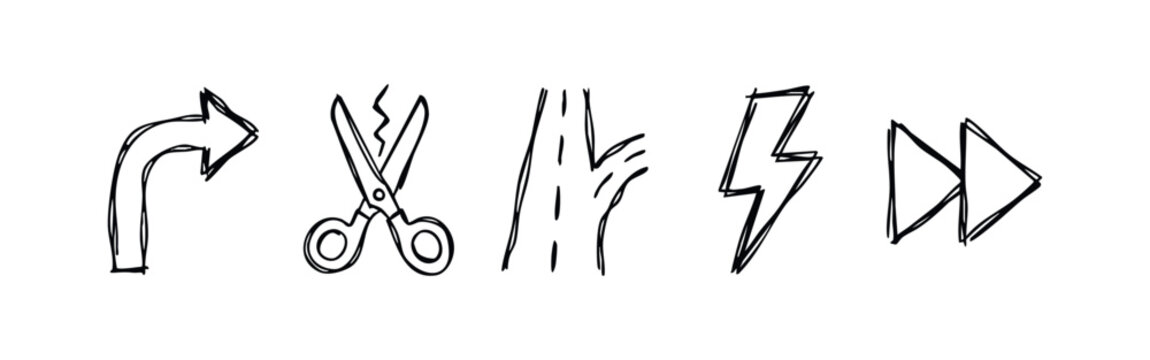 Rough Sketch Navigation Doodle Icons Set with Fast Forward and Scissors Symbols