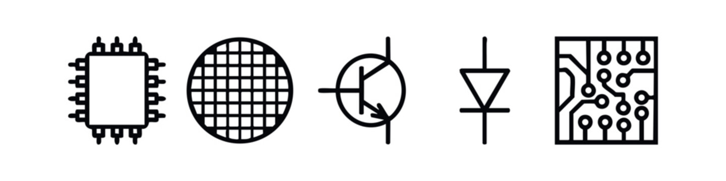 Electronic Engineering Component Icon Set. Minimalist Line Art for Microchip Processor and Circuit Design Symbols.