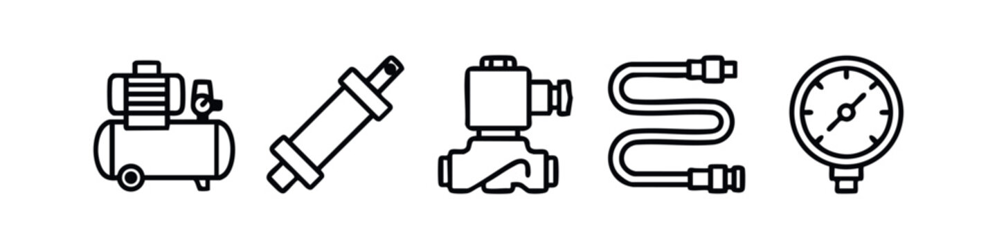 Industrial Pneumatic Component Icon Set. Clean Line Art for Air Compressor Pump and Mechanical Valves Schematic.