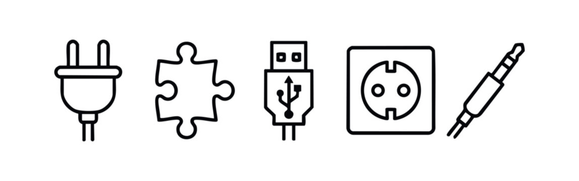 Technology and Connection Line Icons Set - Power Plug, Puzzle, USB, Electrical Socket, and Audio Jack