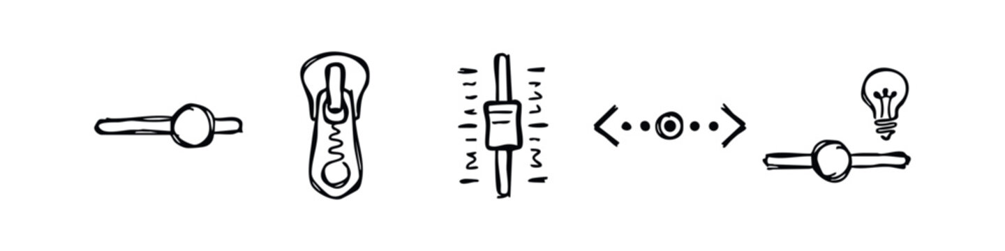 UI Controls and Interaction Hand Drawn Sketch Icons - Toggle Switch, Zipper, Slider, Arrows, and Idea Lightbulb