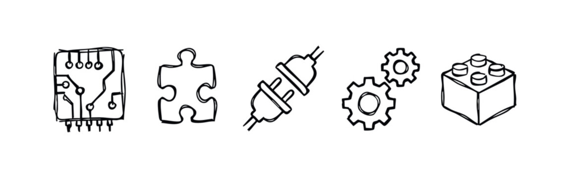 Hand Drawn Technology and Logic Icon Set with Circuit Puzzle Plug Gears and Block