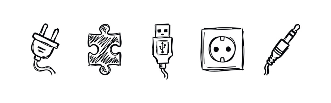 Hand Drawn Connection and Plug Icon Set with USB Puzzle Socket and Audio Jack