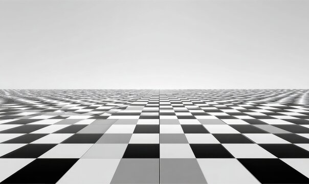 Vast, monochromatic checkered expanse vanishing into a bright, endless horizon