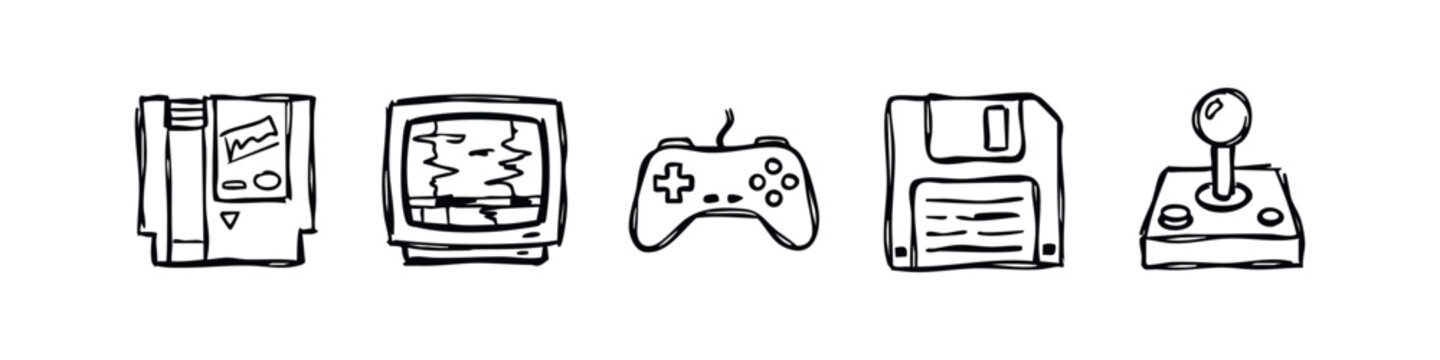 Sketchy Hand Drawn Retro Gaming and 80s Tech Icons