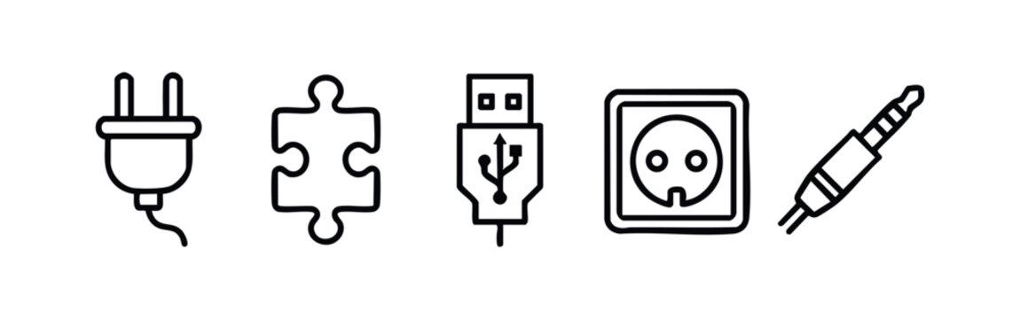 Computer Hardware and Connection Port Line Icon Set USB Power Plug Audio Jack Socket