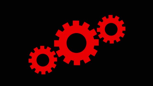 Three interlocking red gears displayed against a solid black background