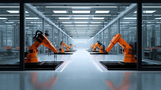 Modern automated industrial factory with orange robotic arms in a clean, hightech facility with glass partitions and bright lighting