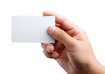 Obraz premium Close-up of a hand holding a blank white rectangular card, isolated on white