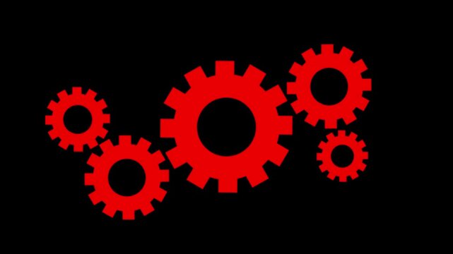 A collection of vibrant red gears against a stark black background