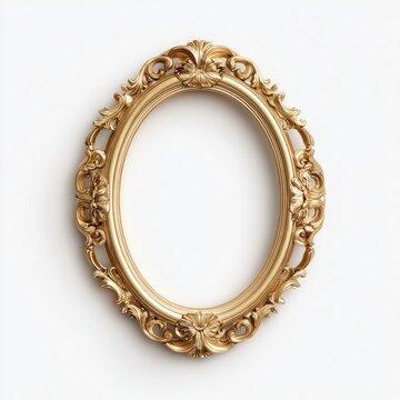 An ornate gold oval frame with intricate details, isolated against a white background