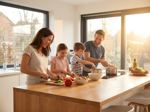Family preparing a healthy meal together in a bright, modern kitchen with sunshine streaming in