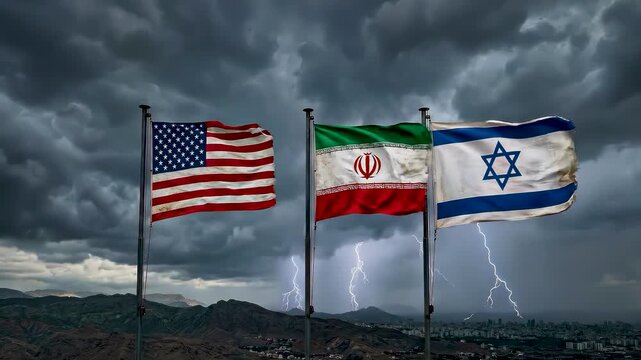 Torn United States and Iran flag waving fiercely beside Israel national banner on rooftop overlooking city under dark dramatic stormy sky representing geopolitical conflict crisis and military tension
