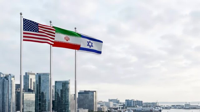 United States, Iran, and Israel flags fly side by side on pole above city skyline. National symbols represent complex international relationship, global economic trade, ongoing political negotiation.