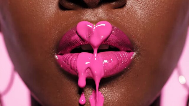 Closeup of woman lips with pink glossy lipstick and heart shaped paint drip