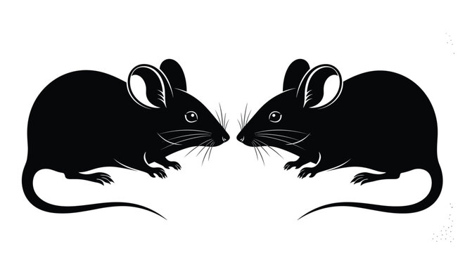 Vector black mice silhouettes facing each other on white background, rodent animals illustration for Chinese New Year, wildlife pests and laboratory rats