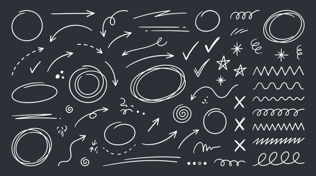 Chalkboard filled with arrows, circles, spirals and doodles for brainstorming, idea visualization and creative planning