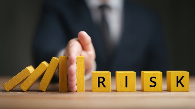 Businessman stopping domino effect with hand to prevent risk business risk management, crisis control, and insurance concept