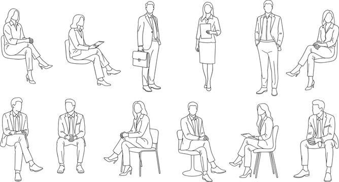 Set of business people outline sketches, professional men and women sitting and standing, corporate character poses, isolated on white background, vector