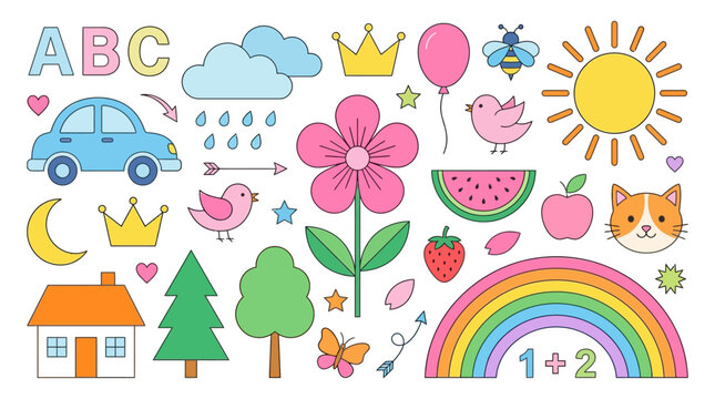 Colorful children's collage featuring ABC letters, rainbow, sun, clouds, flowers, trees, house, car, fruits, animals, and learning symbols for kids