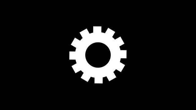A white gear icon displayed against a solid black background