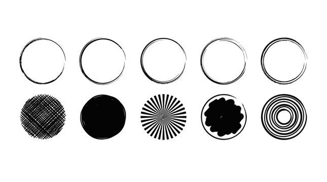 Set of circular texture swatches with blank outlines on top row and patterned fills below, including crosshatch, solid, radial, blob, and concentric ring designs.