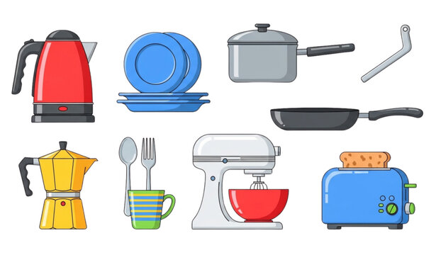 Kitchen utensils vector set with kettle pan toaster and cooking tools cartoon