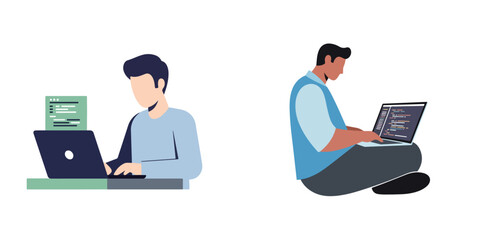 Fototapeta premium A flat minimalist vector illustration set of a programmer coding on a laptop, modern flat design, no linework, white background