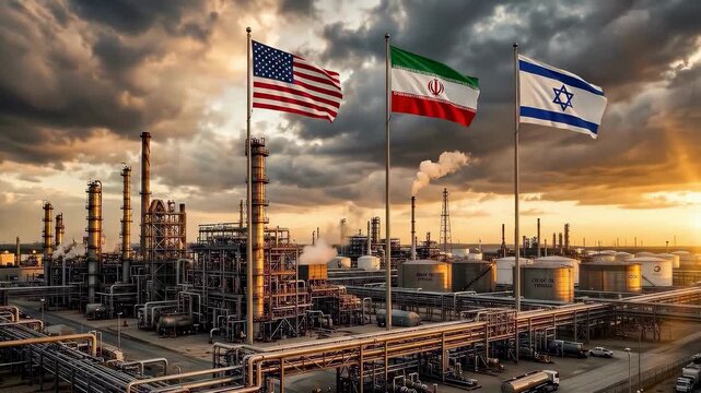USA, Iran, and Israel flags over oil refinery industry scene, symbolizing geopolitical conflict, energy crisis, global economy, oil trade tension, and international relations in warfare context.