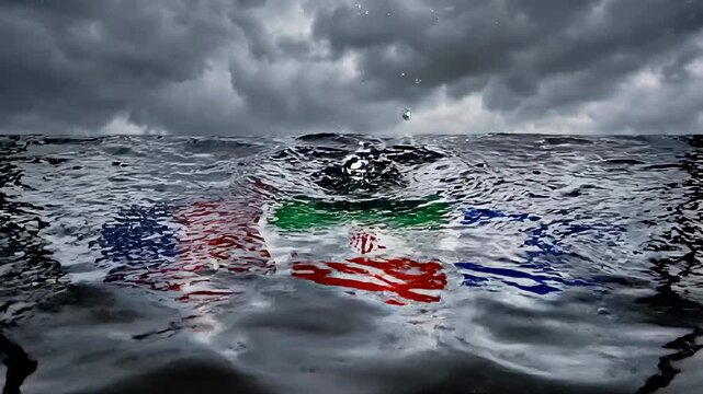USA, Iran, and Israel flags submerged underwater with ripples and dark storm clouds, symbolizing global crisis, geopolitical tension, instability, conflict escalation, fragile international relations.