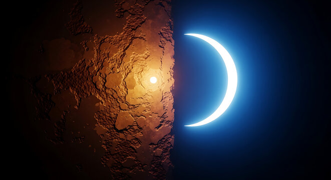 Split image of day and night on two different planets or moons in space