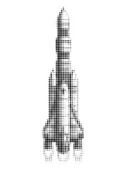 Rocket, halftone vector illustration of a rocket, in retro comic book style with bold dotted texture. Black and white image isolated on white background. Space. © Victoriya