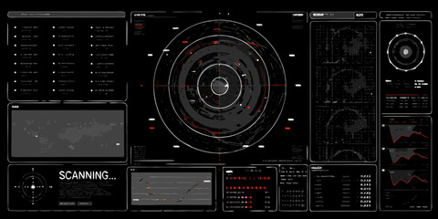 Fototapeta premium Futuristic radar display with multiple data screens and scanning interface