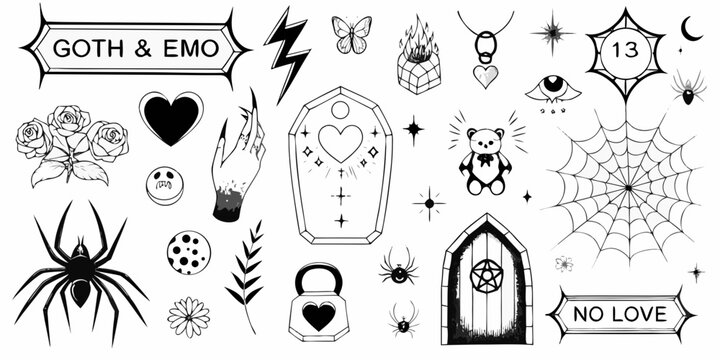 Collection of gothic and emo themed tattoo flash designs in black ink