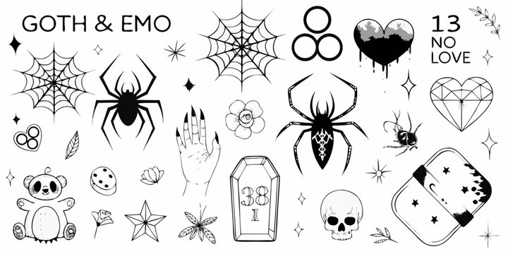 A collection of goth and emo inspired temporary tattoo designs and illustrations