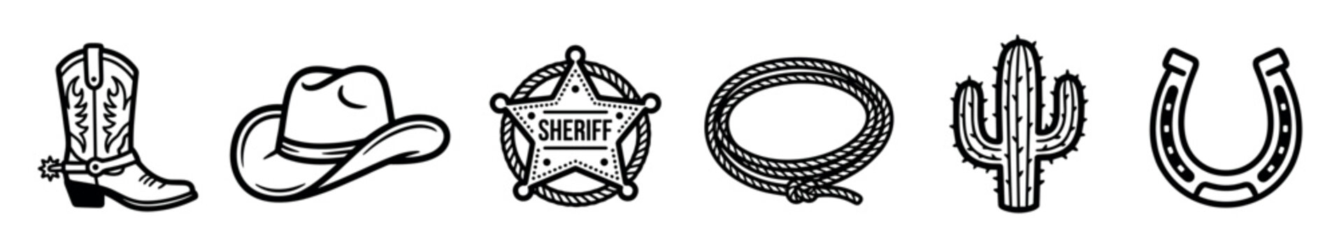 Cowboy boot hat sheriff badge lasso cactus horseshoe icons representing the classic Wild West culture and traditional ranch life in a simple black and white line art style.