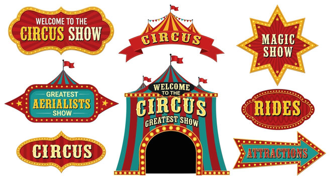 A captivating collection of vintage circus show signs and an iconic grand tent, perfect for advertising thrilling carnival attractions and classic entertainment events