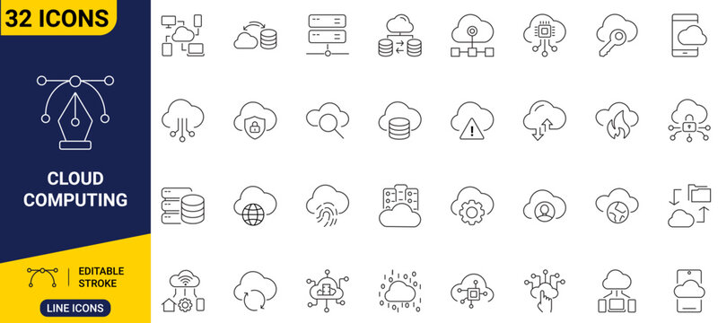 Cloud computing set icon collection of clean outline symbols representing database networks, cloud synchronization, and server racks.