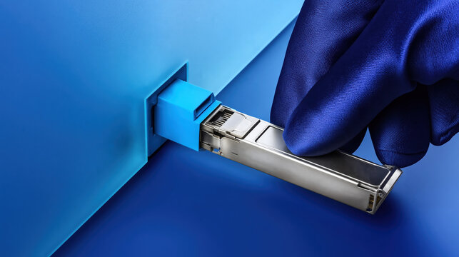 Cloud computing infrastructure concept showing technician inserting network transceiver into