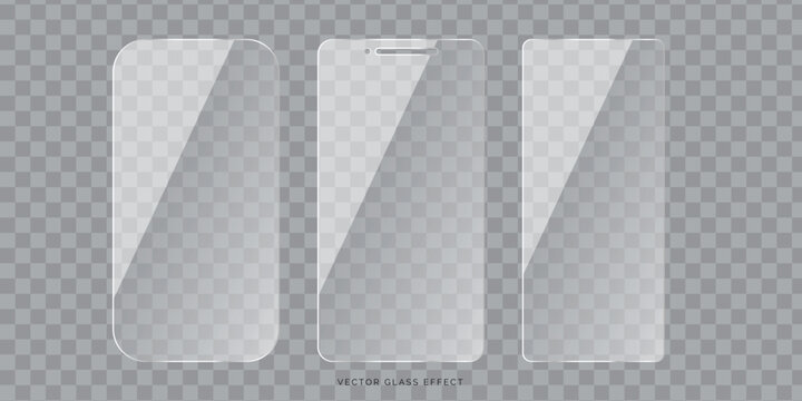 Glossy glass panels set PNG, transparent vertical mobile UI screens with reflection, realistic acrylic layout frames, modern glassmorphism interface vector