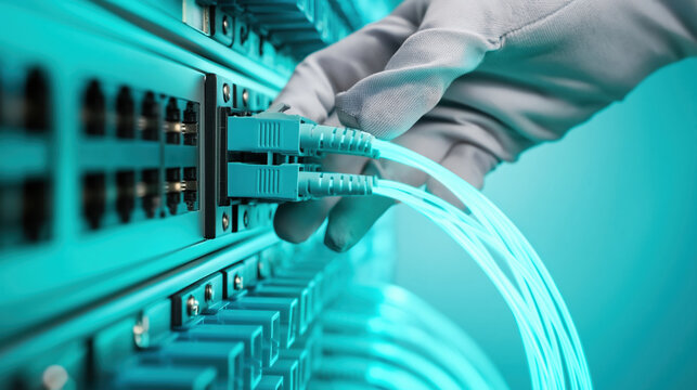Cloud computing infrastructure technician connects fiber optic cables data center with careful