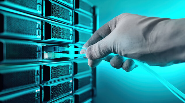 Cloud computing infrastructure secure server connection with gloved hand plugging fiber optic
