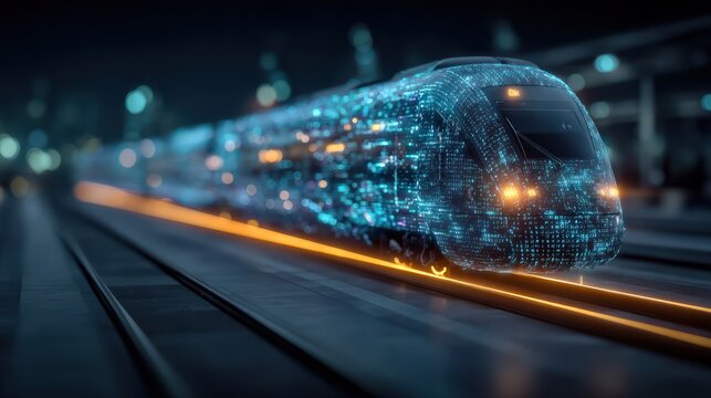 A futuristic digital train zipping along the tracks. ..Created with Generative AI, not depicting real subjects.